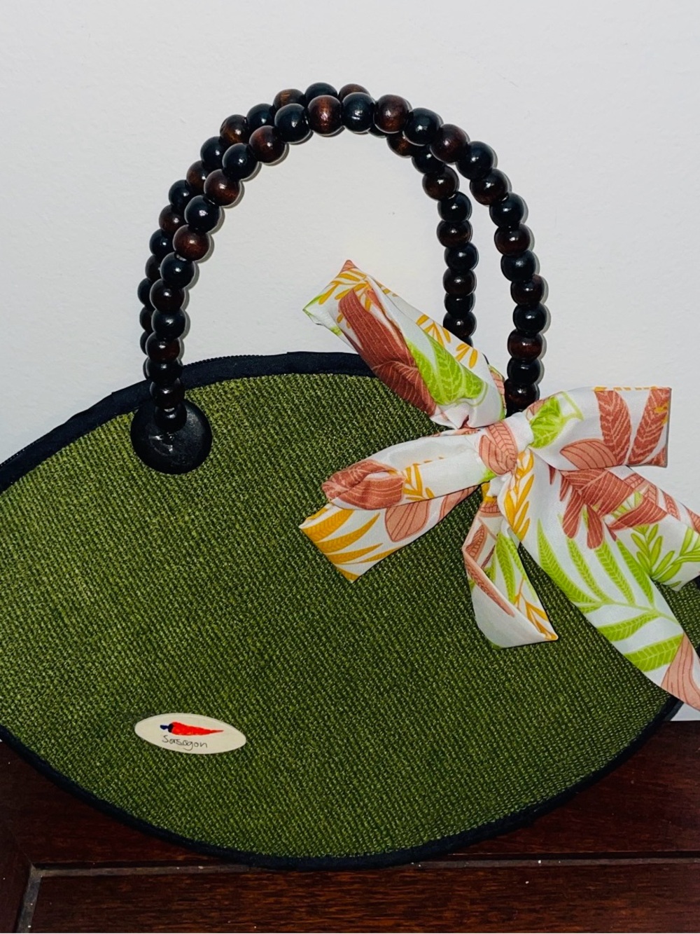 Unique boutique purse-one of a kind-green fabric-bow-wood beads handles